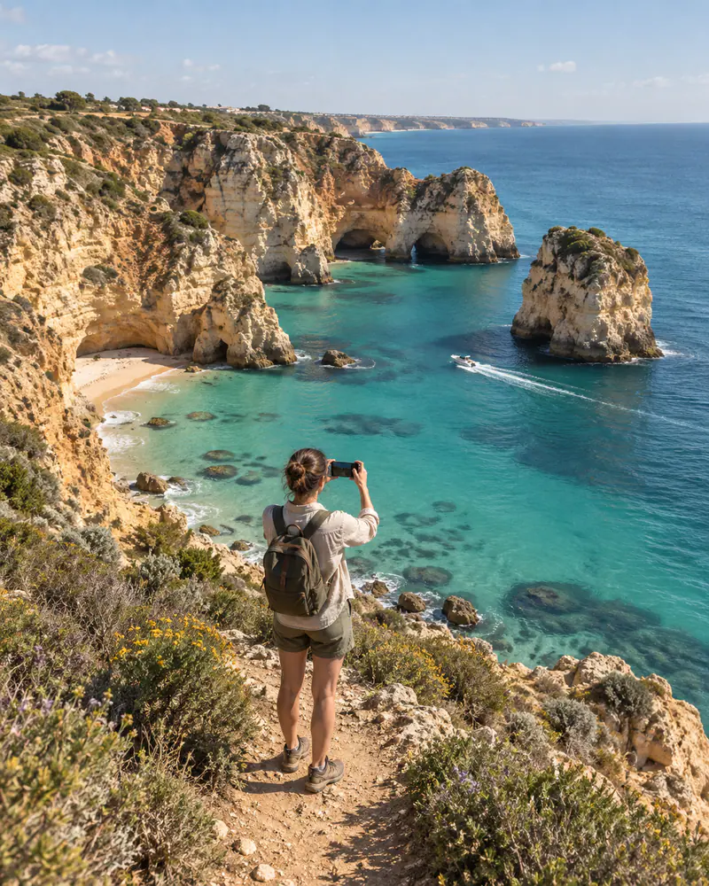 A hiker on a cliff path photographing a turquoise bay below.
