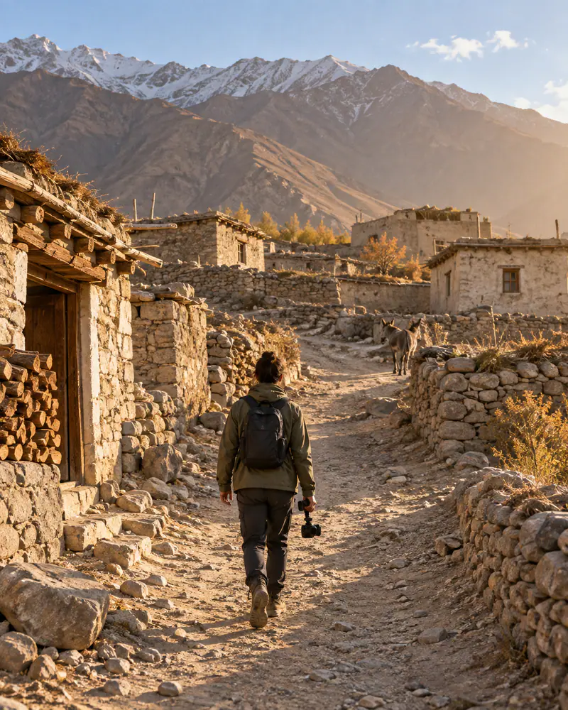 A traveler with a camera walking a stone path through a remote mountain village.
