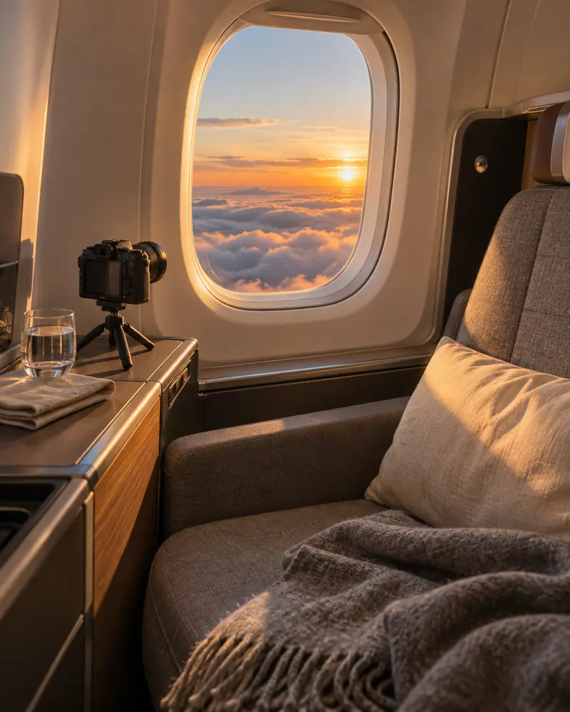 A window seat in a premium airline cabin above the clouds at sunset.