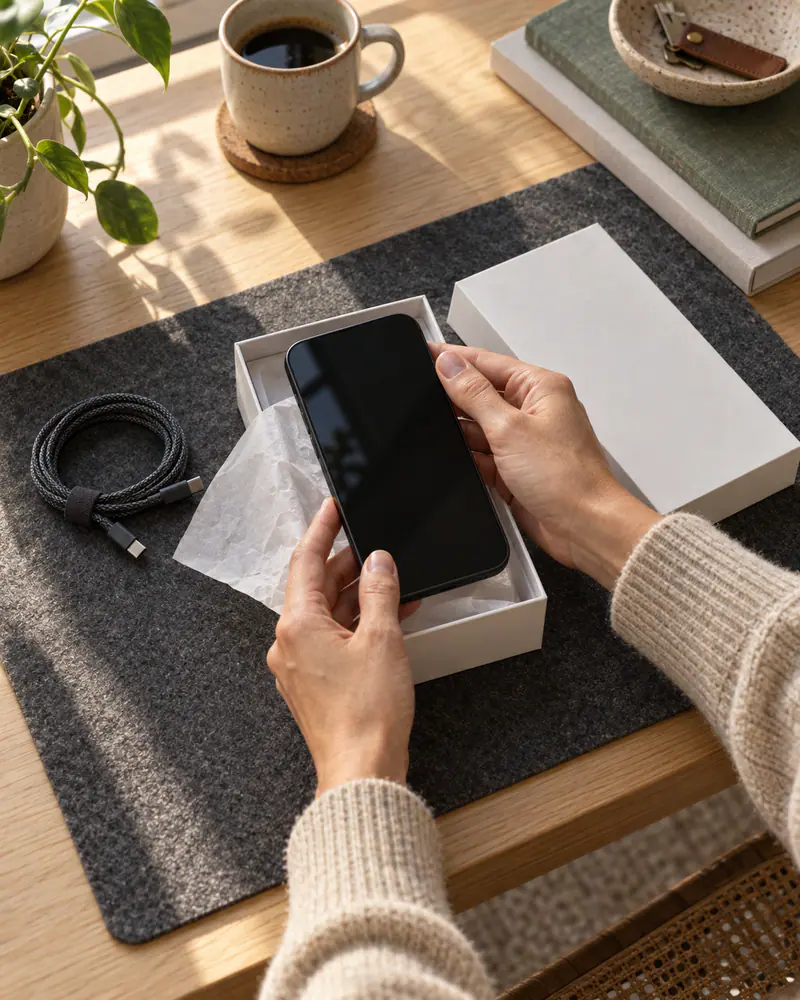 Hands lifting a new phone out of its box on a felt desk mat.